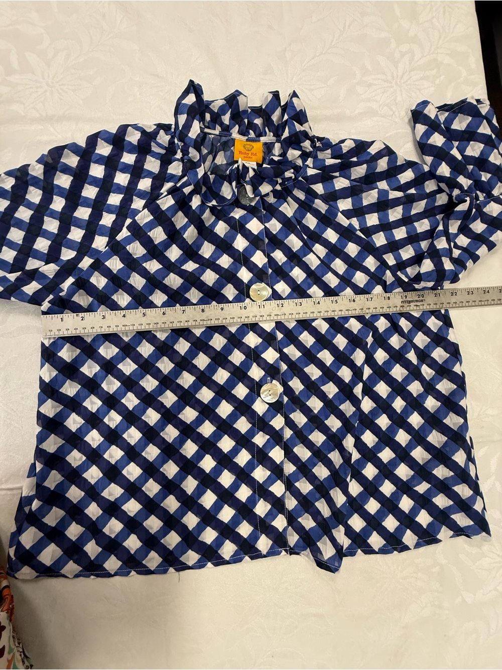Ruby Rd. Navy and White Gingham Ruffle-Collar Button-Front Blouse - Picture 7 of 9